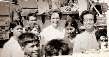 A portion of the cover of the book A Radical Faith: The Assassination of Sister Maura, written by Eileen Markey, shows a picture of Catholic nun Maura Clarke surrounded by several people