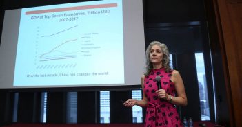 Keynote speaker Jennifer Carpenter presents her research, "The Real Value of China's Stock Market."
