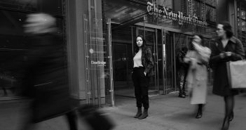 Ana Fota in front of The New York Times headquarters in Midtown