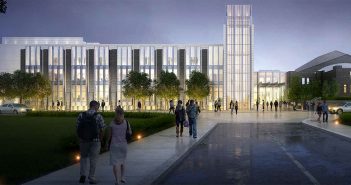 Rendering of the new campus center at night.