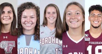 A collage of five athletes wearing Fordham sports shirts and smiling directly at the camera