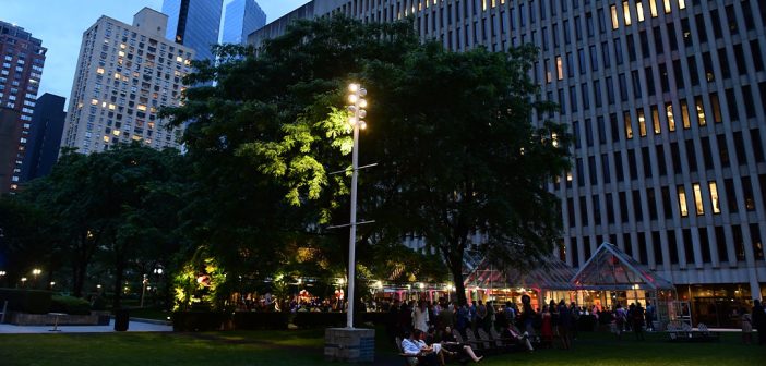 The Lowenstein Plaza lit up for Block Party