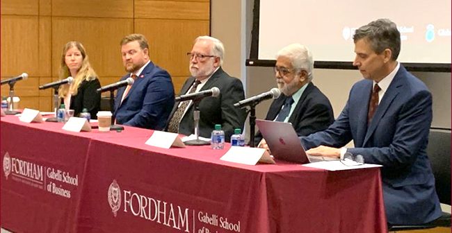 Fordham Gabelli school of Business, panel with 4 men and 1 woman.