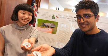 Two students hold up a pair of spotted lanternflies in containers.